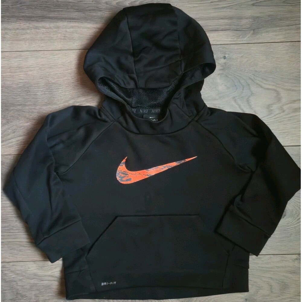 Nike Toddler Boys 3T Dri-FIT Pullover Hoodie Black Orange Swoosh Sweatshirt